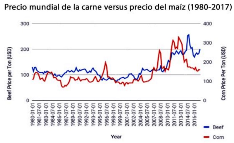 Precio mundial de la carne versus precio del maíz 1980 2017
