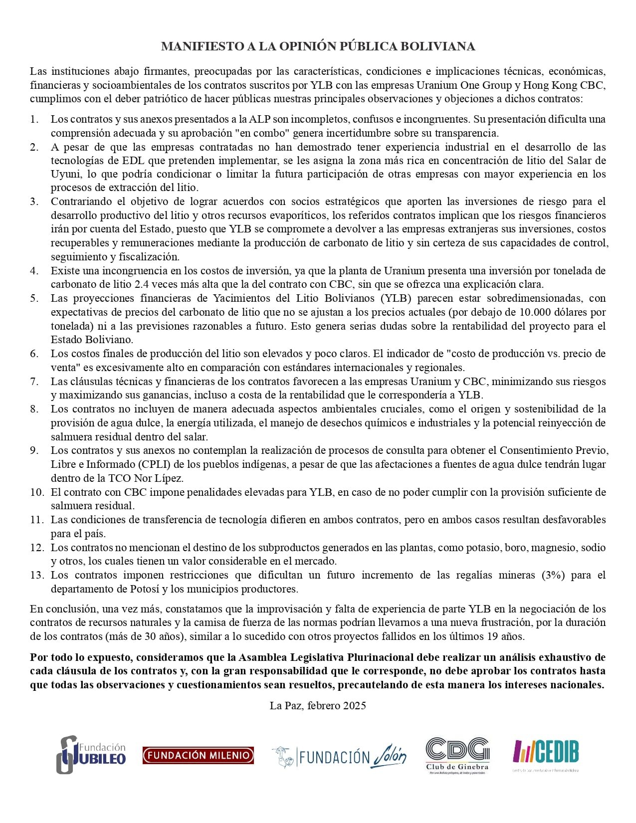 Manifiesto a la opinión pública boliviana